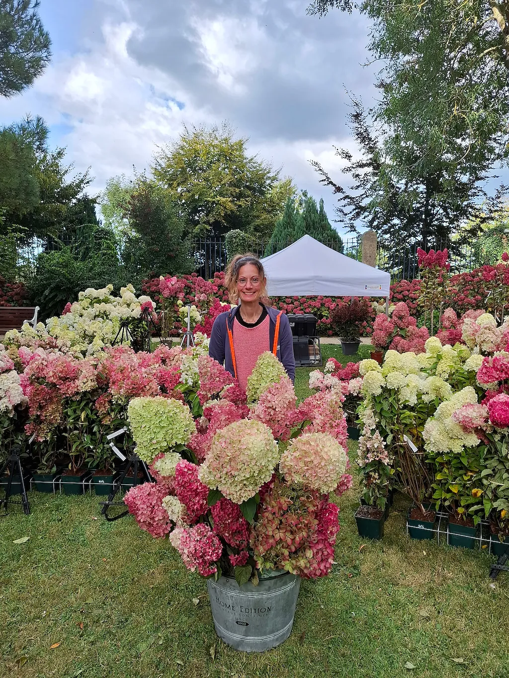 Nathalie sur le stand de L'Univers des Colombes, entourée d'hortensias paniculata